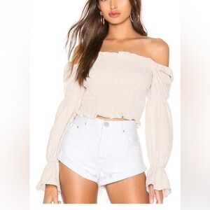 Superdown Revolve Off-Shoulder Smocked Cream Top with Long Sleeves, ruffles sz S